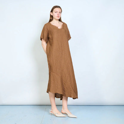 Abito lungo donna ampio con scollo rifinito e maniche corte