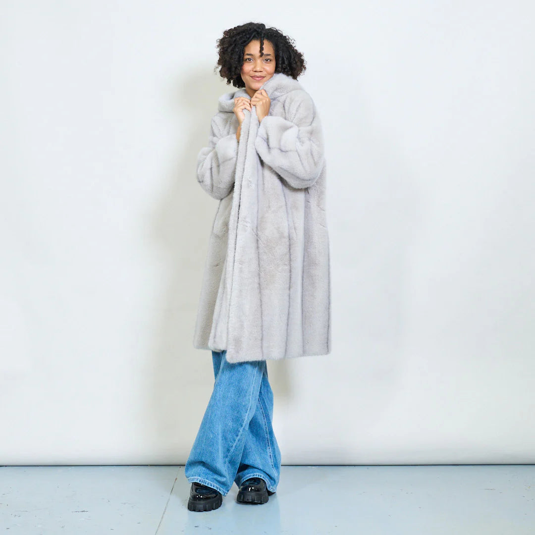 Faux Fur Coat with Hood and Gold Details