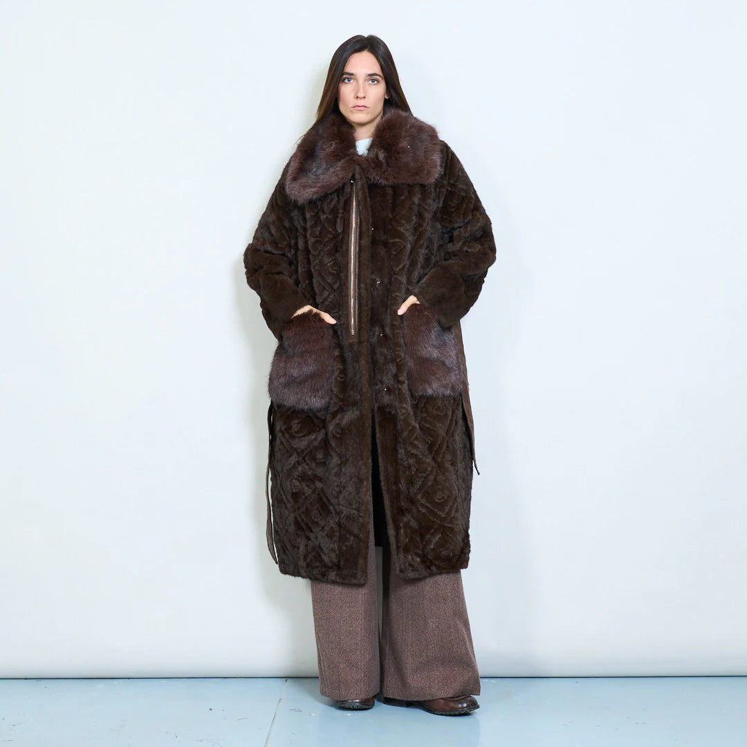 Long Faux Fur Coat with Belt and Contrasting Pockets