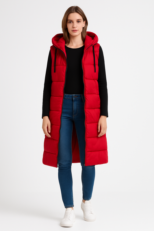 Gilet Imbottito Lungo Donna con Cappuccio e Zip Stile Casual Versatile per Autunno/Inverno Design Minimal Senza