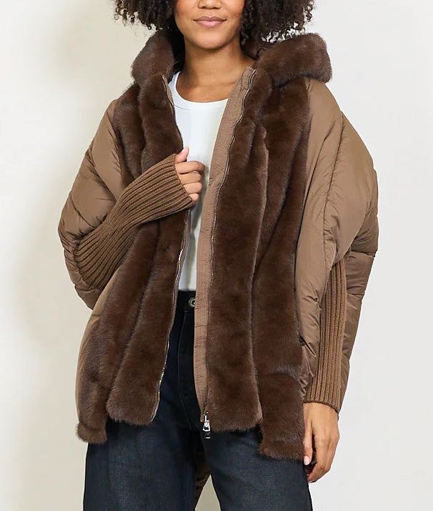 Women's Down Jacket with Faux Fur Hood | Medium-Long Padded Coat