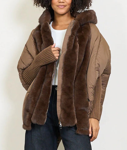 Women's Down Jacket with Faux Fur Hood | Medium-Long Padded Coat