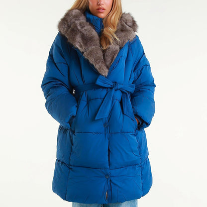 Piumino Lungo con Cappuccio in Pelliccia Sintetica Elegante con Cintura per un Look Stiloso e Versatile per Inverno Comfort e Stile