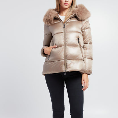Giacca Imbottita Donna con Cappuccio e Maxi Pelliccia – Elegante e Calda in Tessuto Satinato Lucido con Tasche Zip Casual e alla Moda per Inverno