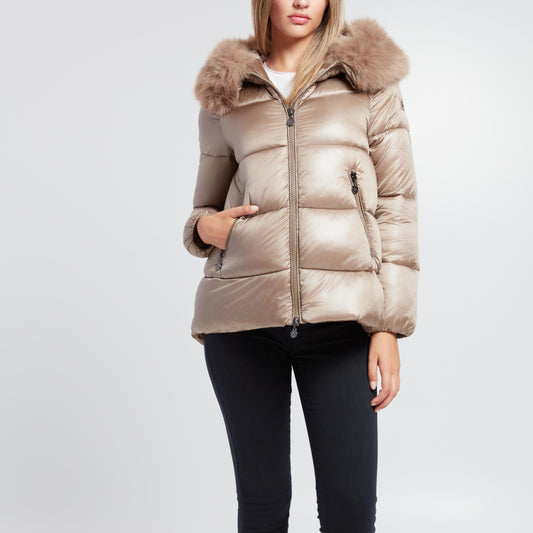 Giacca Imbottita Donna con Cappuccio e Maxi Pelliccia – Elegante e Calda in Tessuto Satinato Lucido con Tasche Zip Casual e alla Moda per Inverno