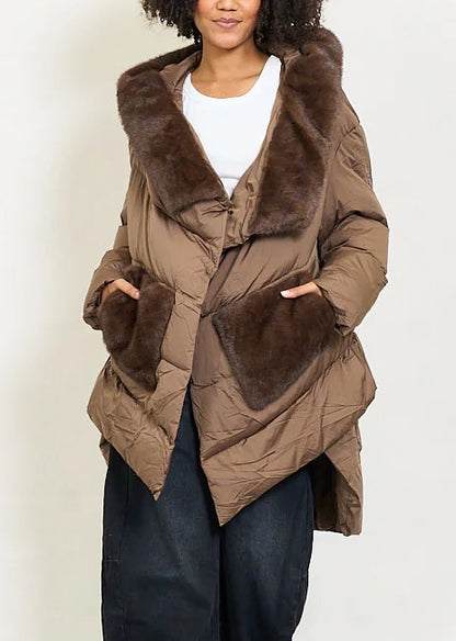 Women's beige down jacket with faux fur collar and contrasting pockets