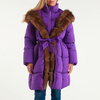 Piumino Lungo con Cappuccio in Pelliccia Sintetica Elegante con Cintura per un Look Stiloso e Versatile per Inverno Comfort e Stile