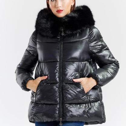 Giacca Imbottita Donna con Cappuccio e Maxi Pelliccia – Elegante e Calda in Tessuto Satinato Lucido con Tasche Zip Casual e alla Moda per Inverno