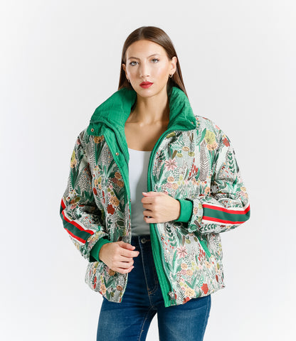 Giacca Imbottita Donna Fantasia Floreale con Dettagli Verdi in Poliestere e Zip Frontale Stile Casual Streetwear