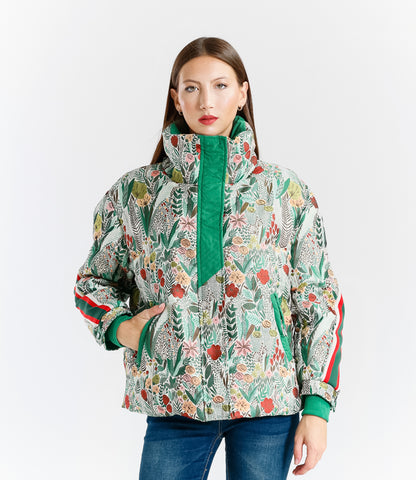 Giacca Imbottita Donna Fantasia Floreale con Dettagli Verdi in Poliestere e Zip Frontale Stile Casual Streetwear