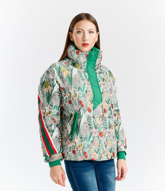 Giacca Imbottita Donna Fantasia Floreale con Dettagli Verdi in Poliestere e Zip Frontale Stile Casual Streetwear