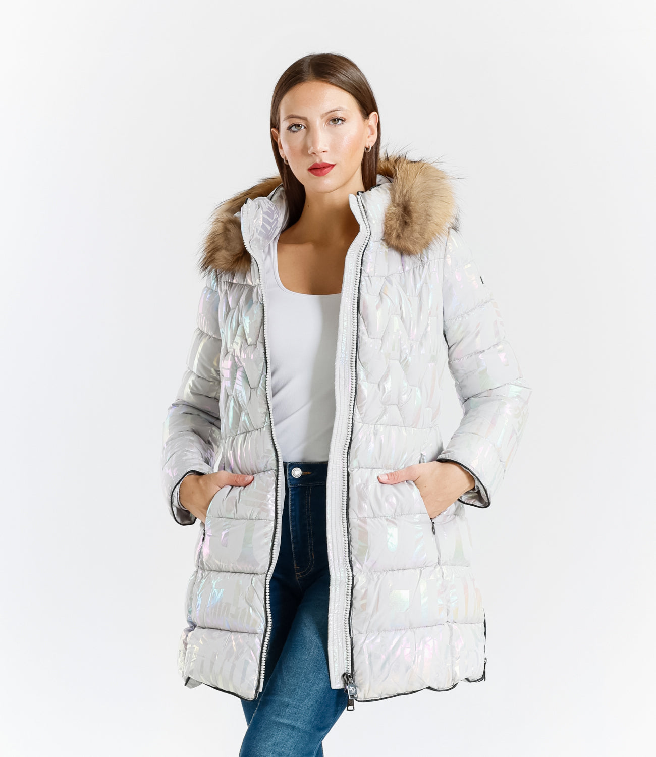 Shiny Down Jacket with Hood and Real Rabbit Fur