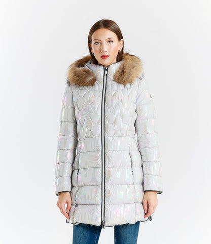 Shiny Down Jacket with Hood and Real Rabbit Fur