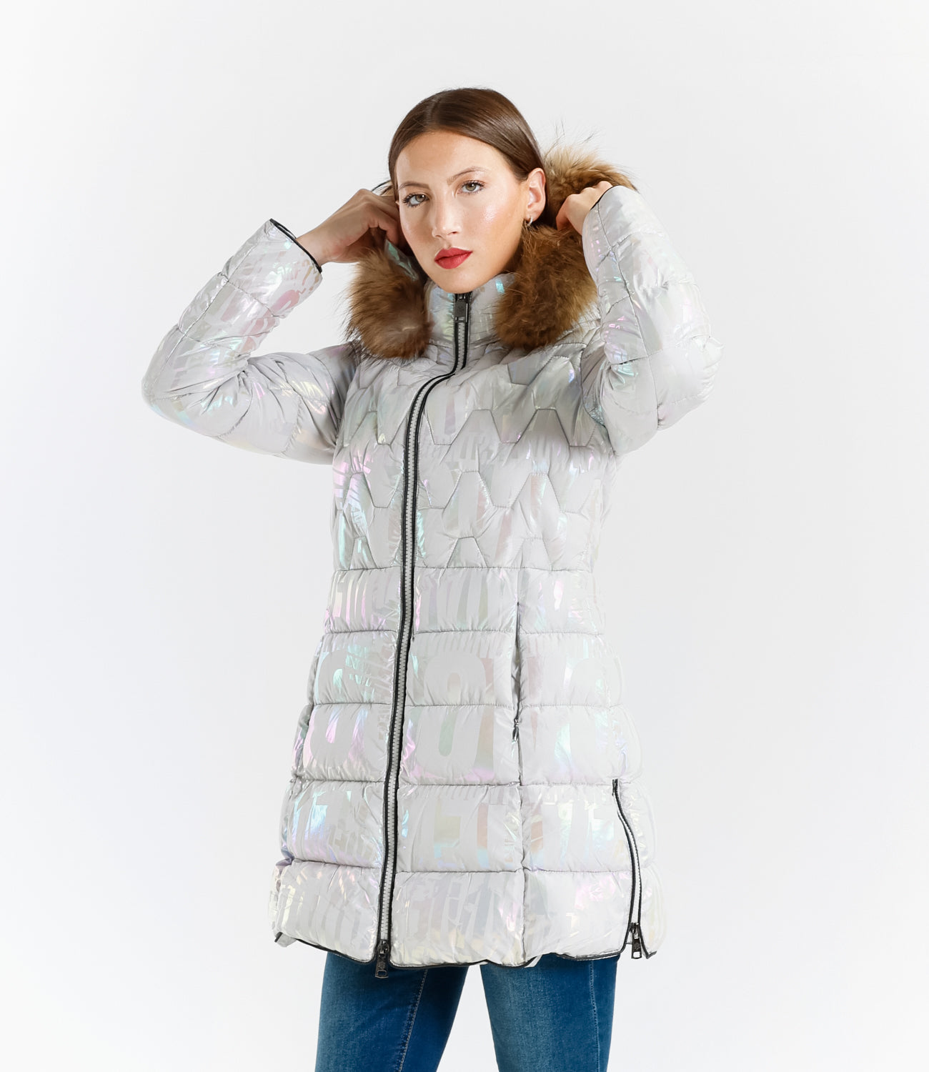 Piumino lucido con bordo in pelliccia di coniglio – Sunnyday