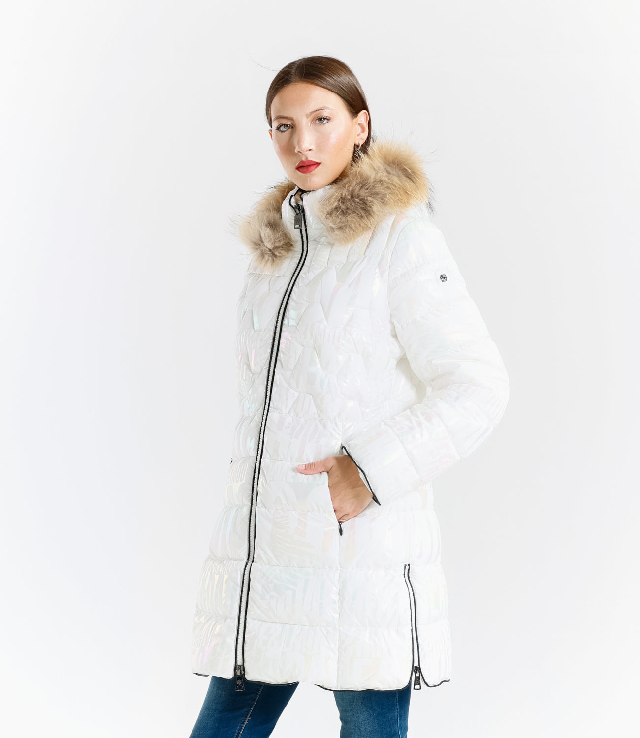 Piumino lucido con bordo in pelliccia di coniglio – Sunnyday
