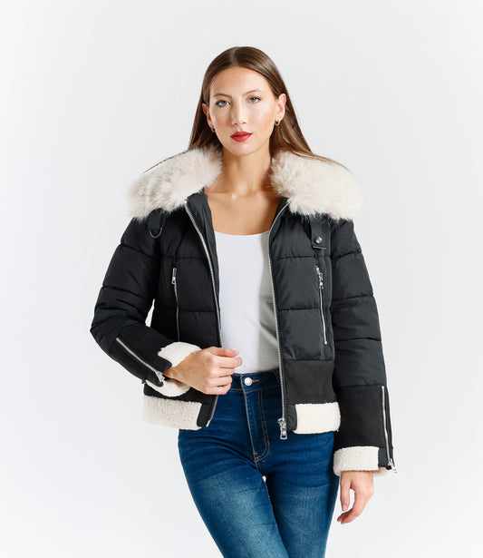 Women's short padded jacket with fur collar