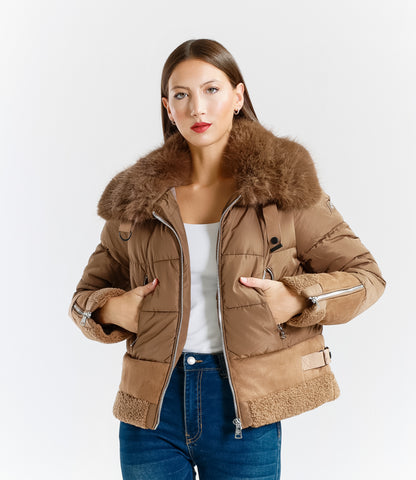 Women's short padded jacket with fur collar