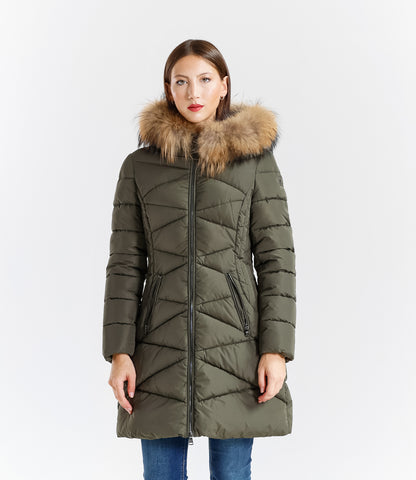 Piumino  donna con cappuccio e bordo in pelliccia – Sunnyday