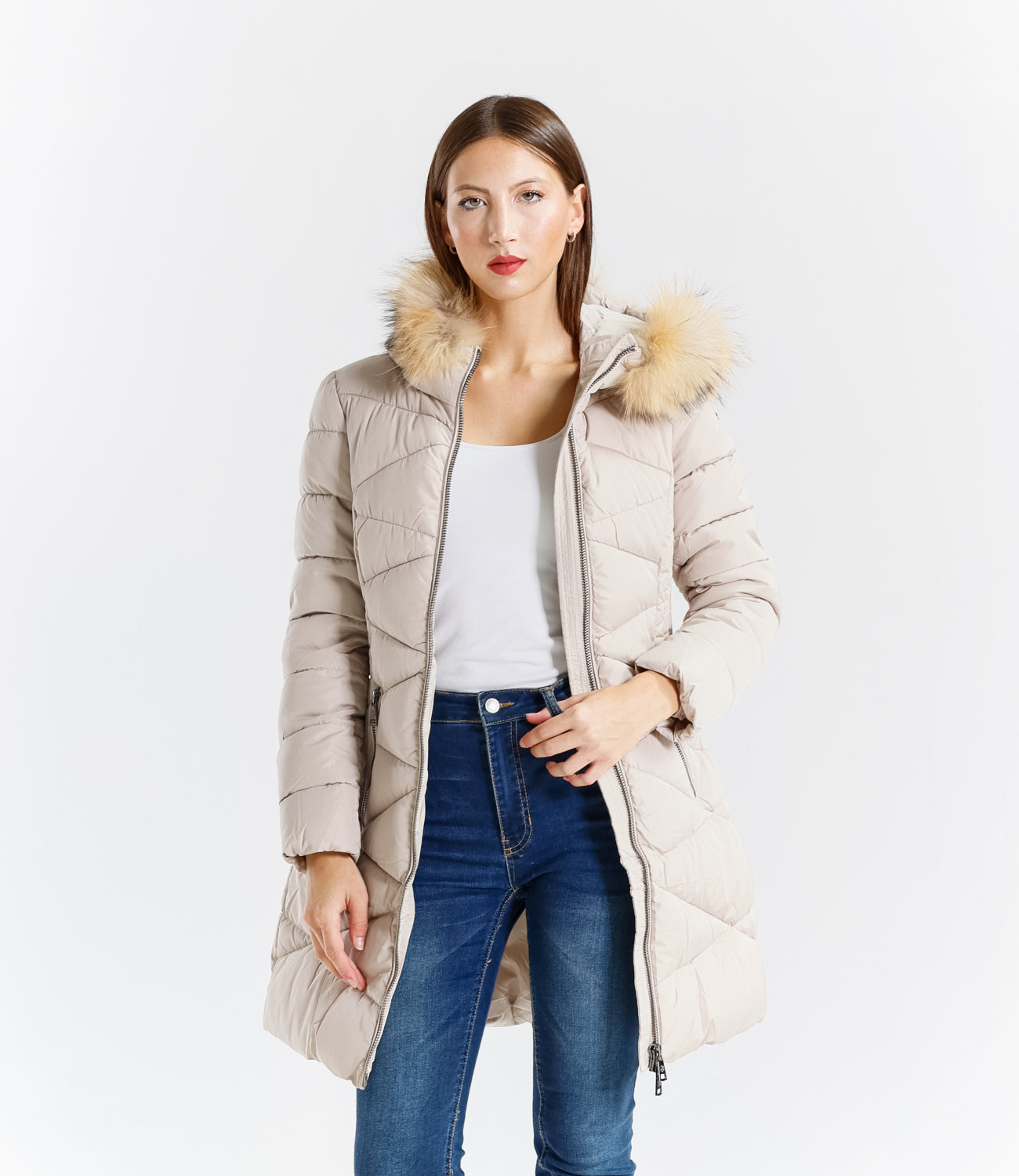 Piumino  donna con cappuccio e bordo in pelliccia – Sunnyday