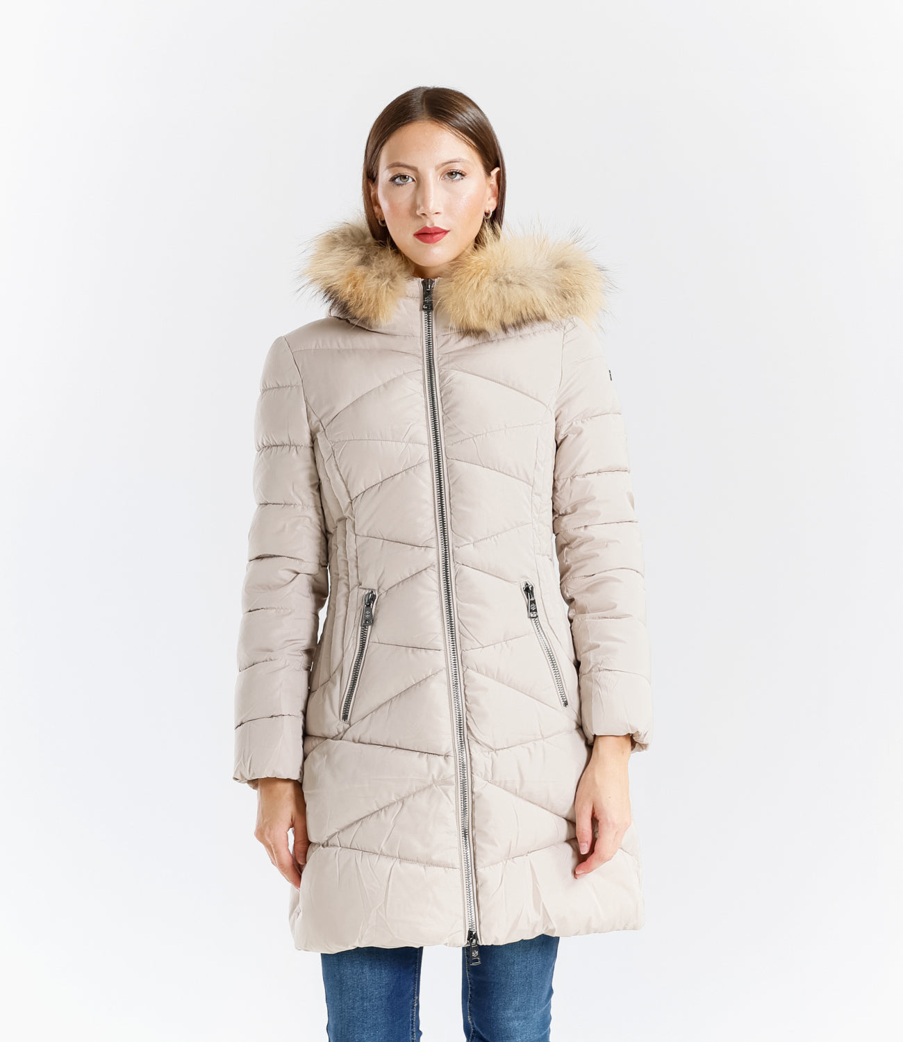 Piumino  donna con cappuccio e bordo in pelliccia – Sunnyday