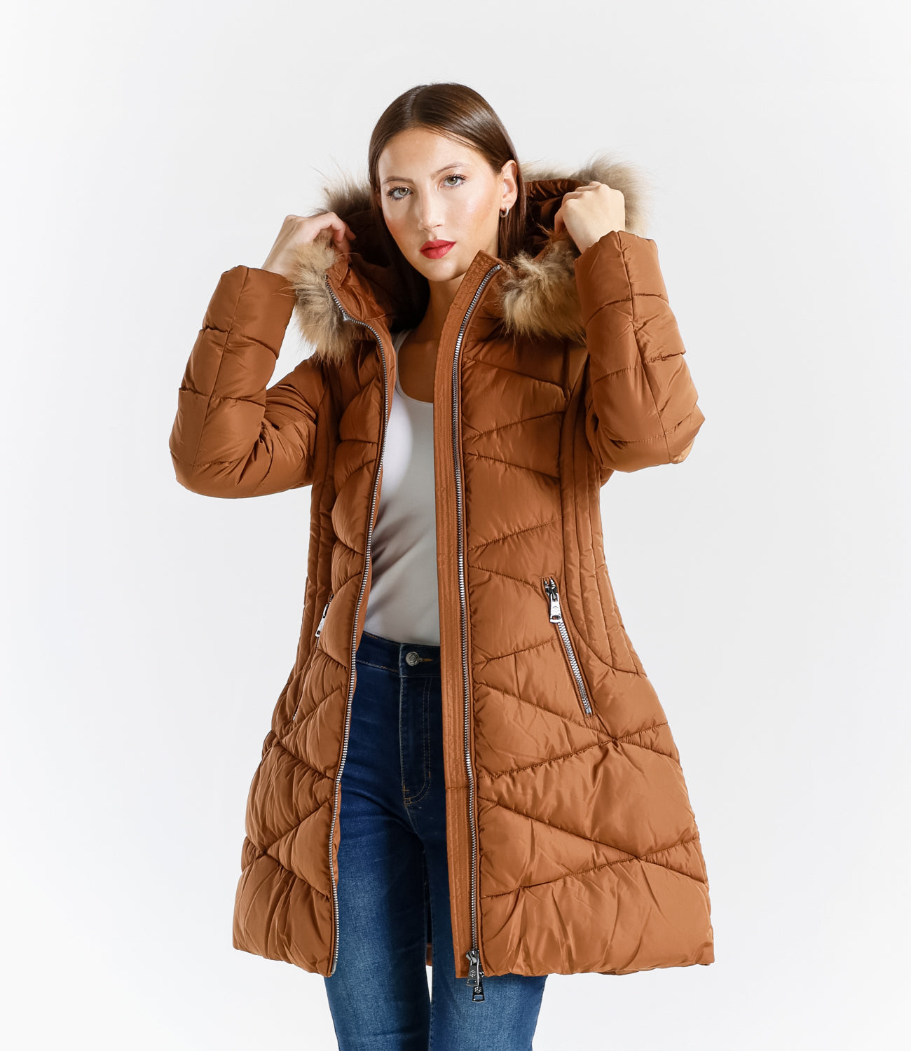 Piumino  donna con cappuccio e bordo in pelliccia – Sunnyday