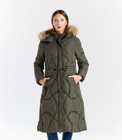 Piumino lungo donna con cappuccio e bordo in pelliccia vera staccabile