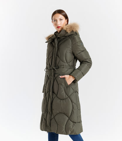Piumino lungo donna con cappuccio e bordo in pelliccia vera staccabile
