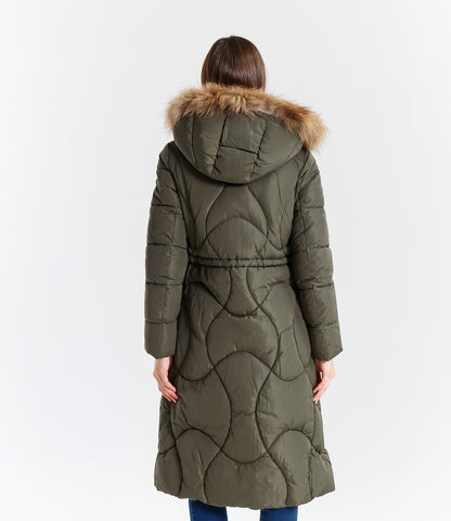 Piumino lungo donna con cappuccio e bordo in pelliccia vera staccabile