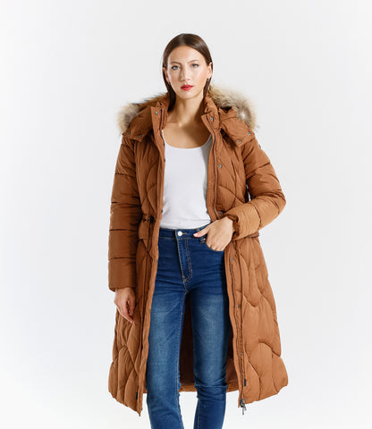 Piumino lungo donna con cappuccio e bordo in pelliccia vera staccabile
