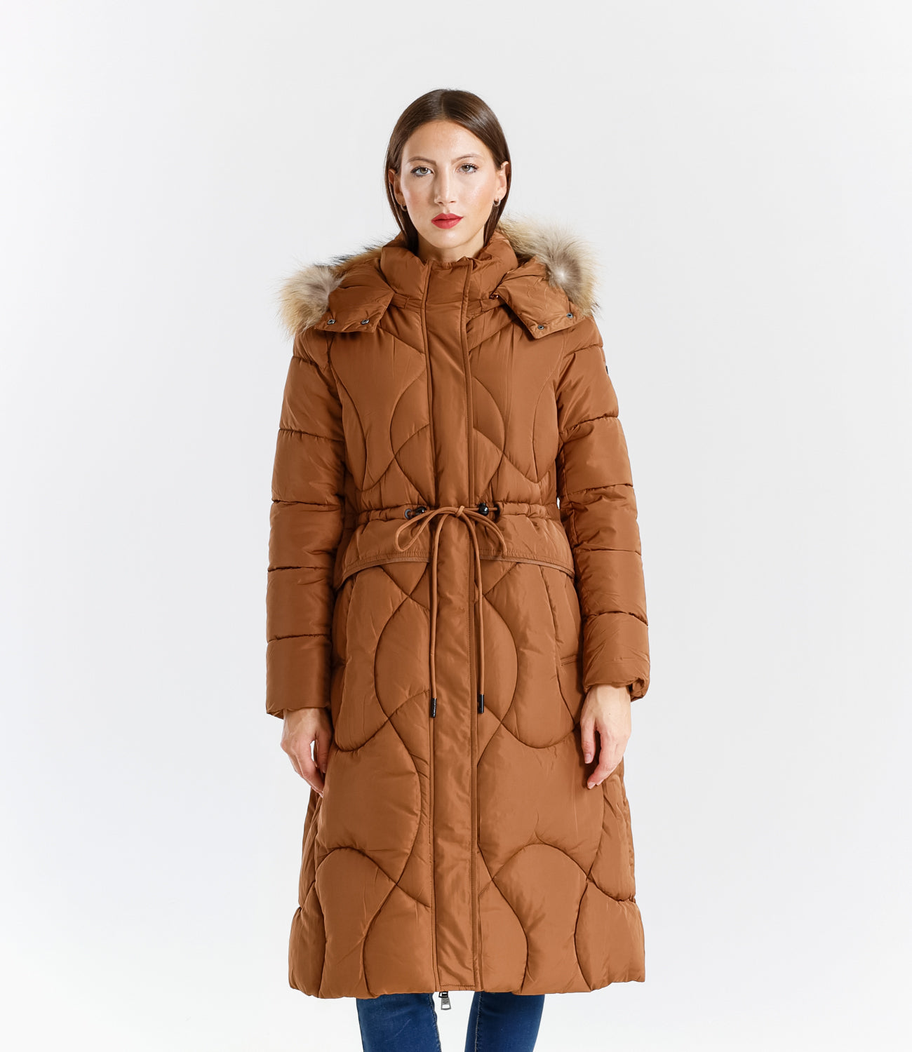 Piumino lungo donna con cappuccio e bordo in pelliccia vera staccabile