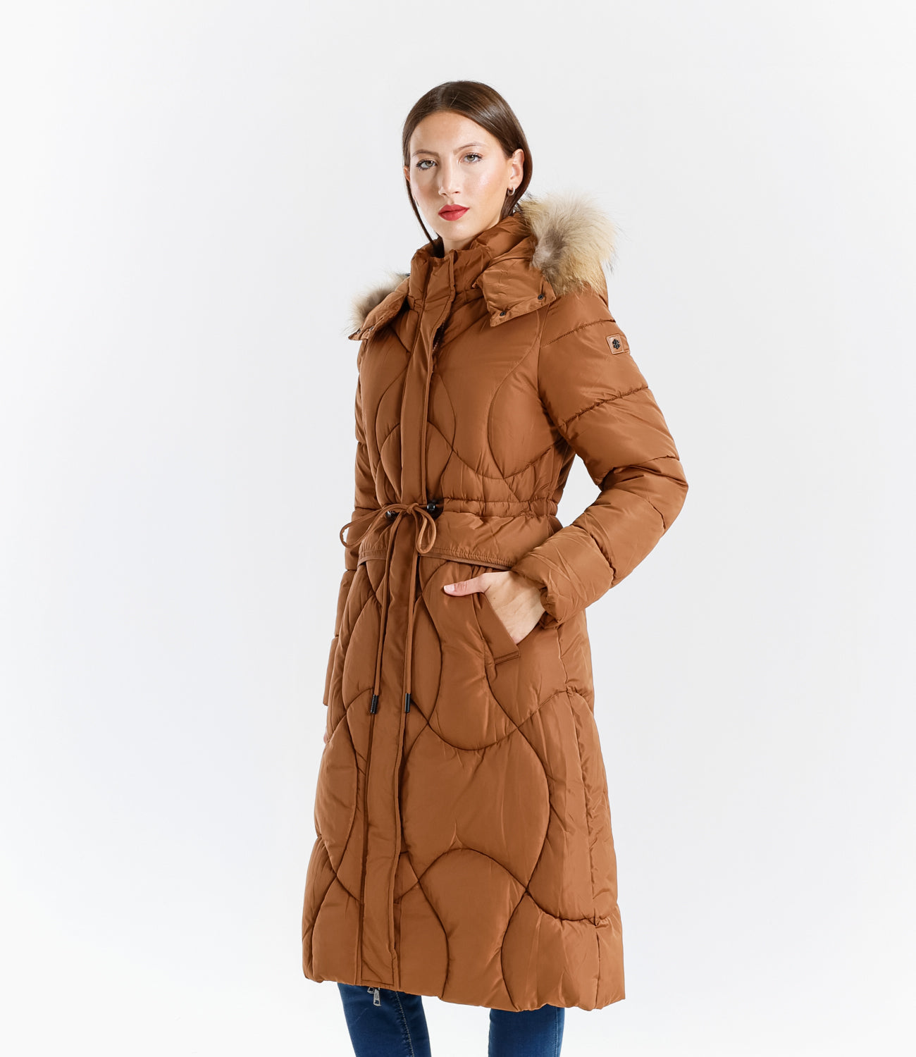 Piumino lungo donna con cappuccio e bordo in pelliccia vera staccabile