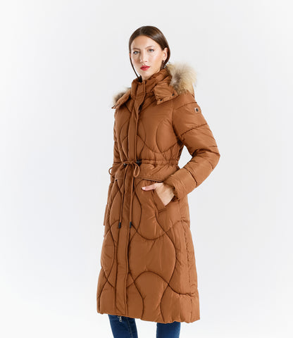 Piumino lungo donna con cappuccio e bordo in pelliccia vera staccabile