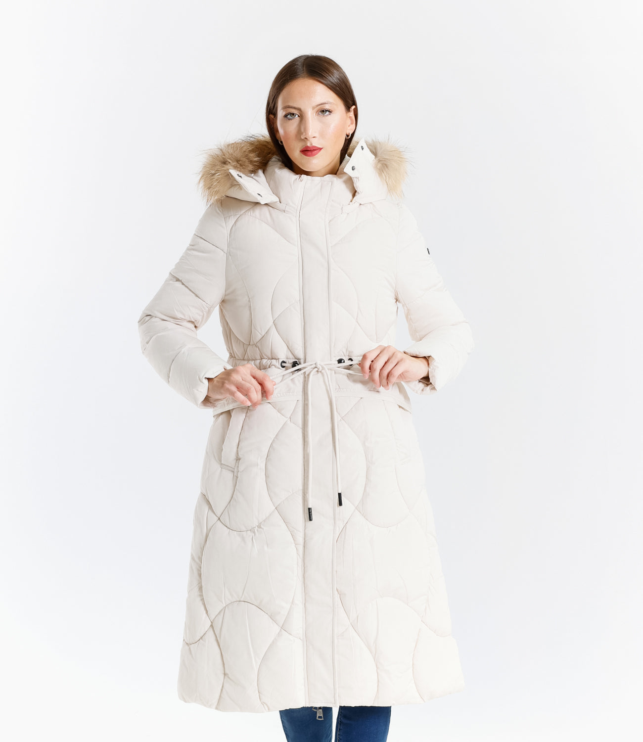 Piumino lungo donna con cappuccio e bordo in pelliccia vera staccabile
