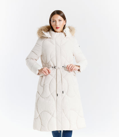 Piumino lungo donna con cappuccio e bordo in pelliccia vera staccabile