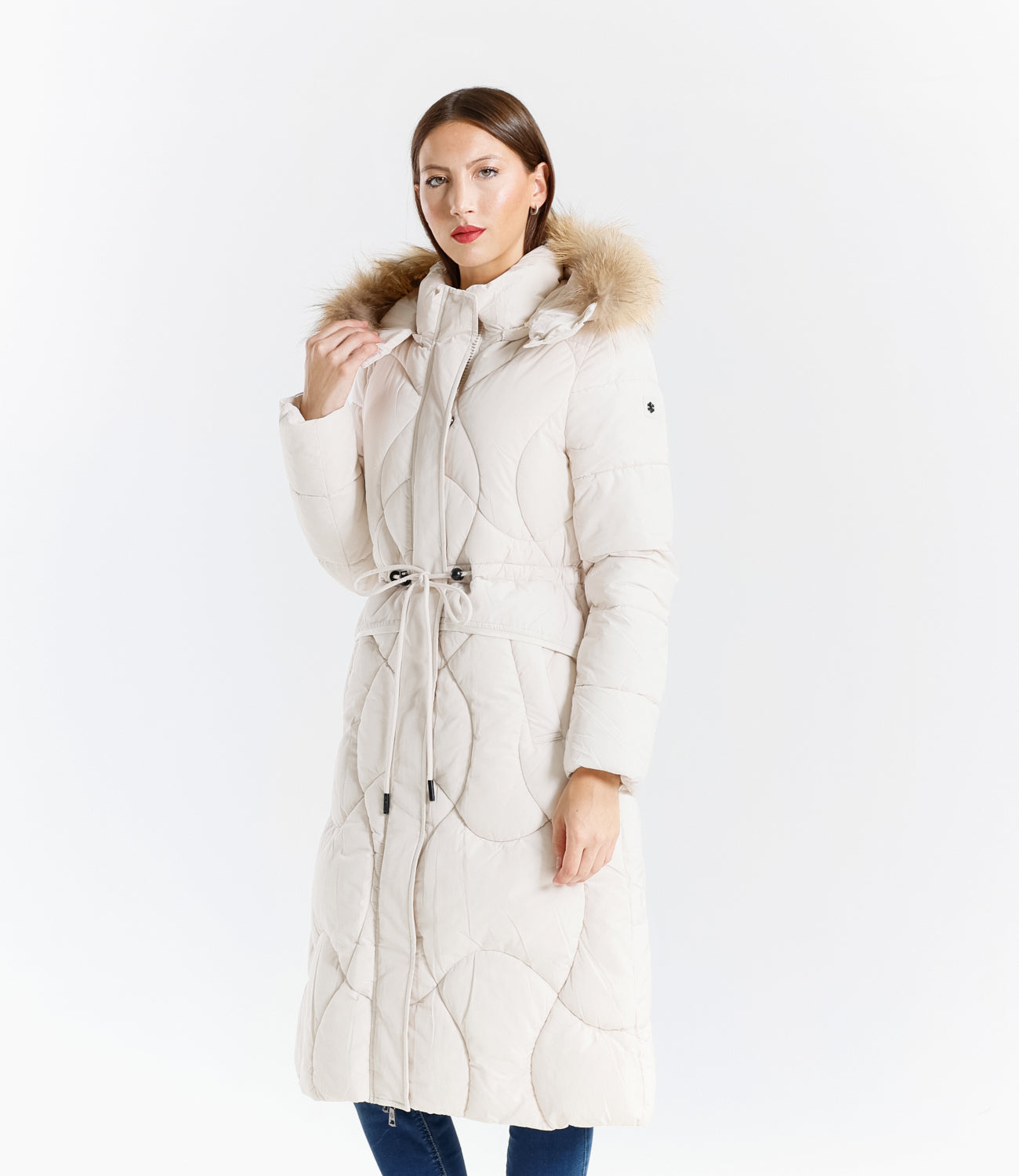 Piumino lungo donna con cappuccio e bordo in pelliccia vera staccabile