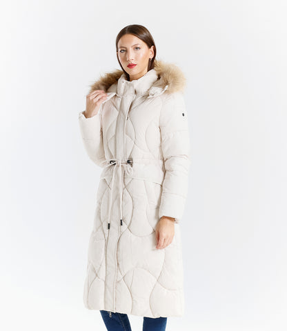 Piumino lungo donna con cappuccio e bordo in pelliccia vera staccabile