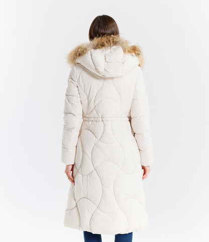 Piumino lungo donna con cappuccio e bordo in pelliccia vera staccabile